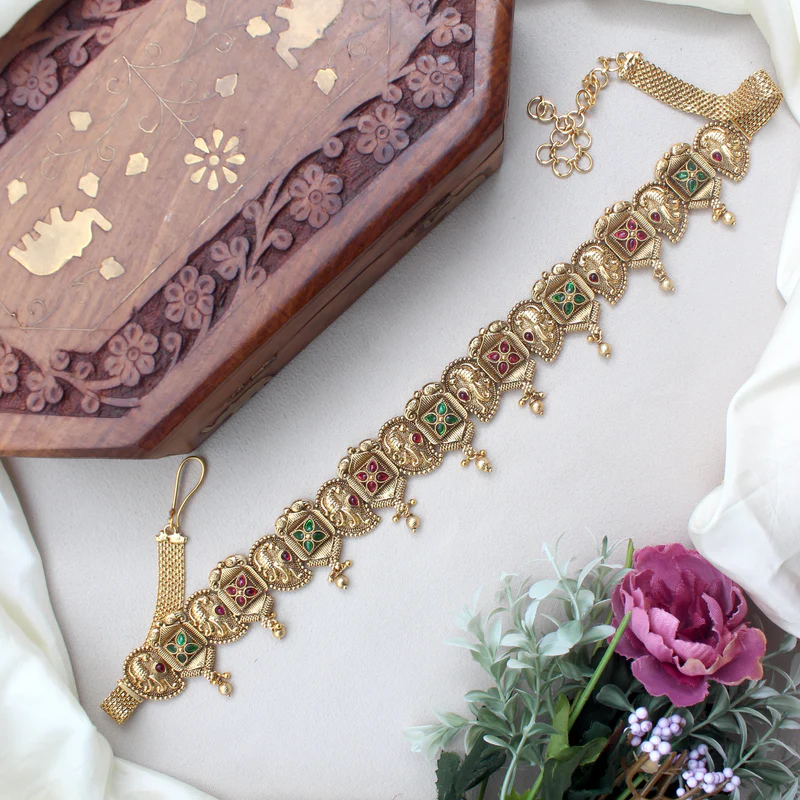 Antique Gold Premium Kemp Square Tile Peacock Hip Chain